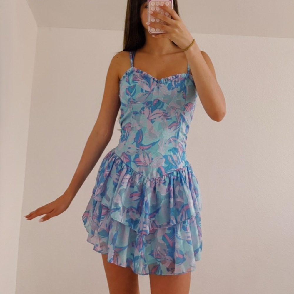 wild fable light blue floral mini dress with tiered ruffle skirt